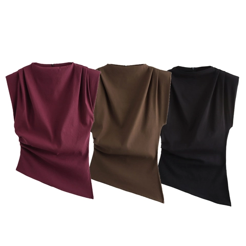 Top Sin Mangas Para Mujer Con Pliegues Cuello Redondo Dobladillo Asimétrico Hombreras Poliéster Color Sólido Blusa Elegante