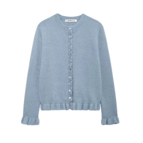 Damen Casual Rundhals Strickjacke Rüschenbesatz Einreihig Langarm Slim Fit Einfarbig Strickoberteil
