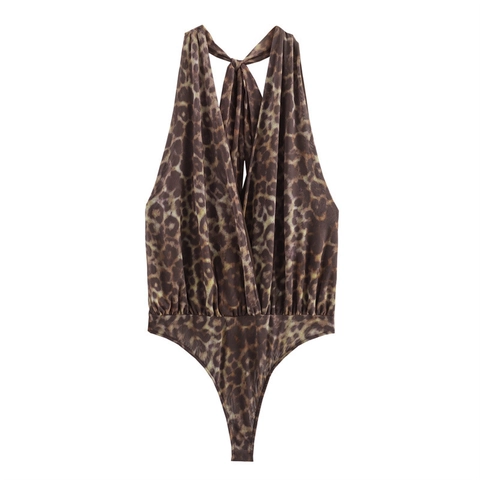 Women Halter Bodysuit Sexy Deep V Neck Backless Mesh Leopard Solid Summer Fashion Slim Fit One Piece Top