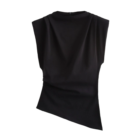 Top Sin Mangas Para Mujer Con Pliegues Cuello Redondo Dobladillo Asimétrico Hombreras Poliéster Color Sólido Blusa Elegante