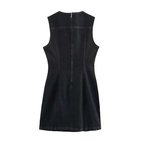 Women Casual Sleeveless Dress Round Neck Slim Fit A-Line Mini Dress Denim Texture Back Zipper Streetwear Solid Fashion Vest Dress