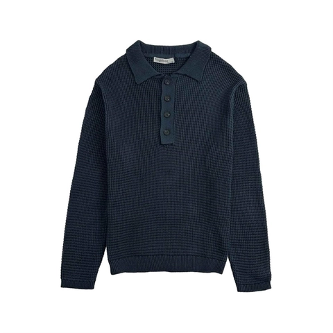 Ανδρικό Casual Πλεκτό Μπλουζάκι Polo με Ύφανση Βάφλας Μακρύ Μανίκι Μείγμα Πολυεστέρα Βαμβακιού Πουλόβερ Γιακάς Μπλε