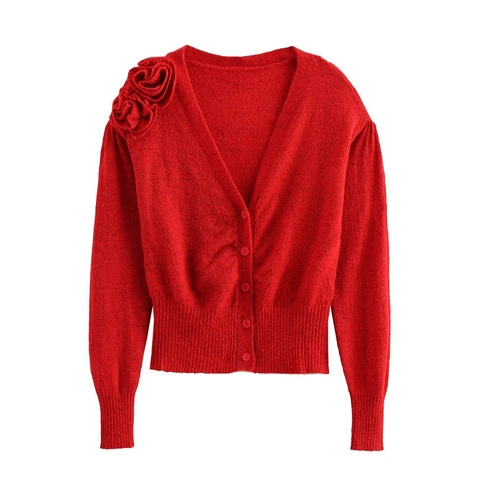 Damen Elegante Strickjacke Mit V-Ausschnitt Und 3D-Blumendekoration Einfarbig Rot Einreihig Langarm-Sweater Strickoberteil