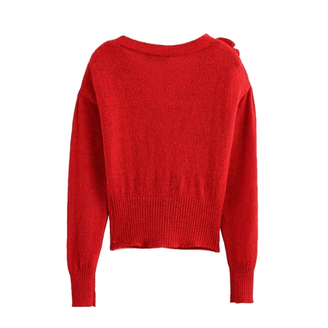 Damen Elegante Strickjacke Mit V-Ausschnitt Und 3D-Blumendekoration Einfarbig Rot Einreihig Langarm-Sweater Strickoberteil