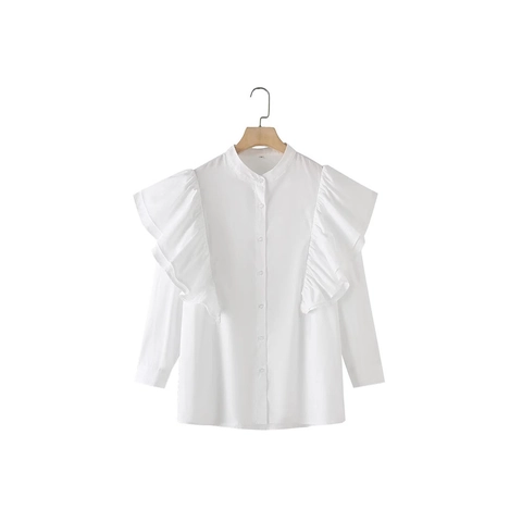 Elegante Dames Witte Ruffle Lange Mouw Blouse Mandarijnkraag Enkele Rij Knoppen Effen Frans Stijl Mode Overhemd Casual Kantoor Top