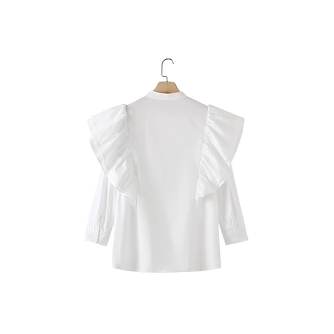 Elegante Dames Witte Ruffle Lange Mouw Blouse Mandarijnkraag Enkele Rij Knoppen Effen Frans Stijl Mode Overhemd Casual Kantoor Top