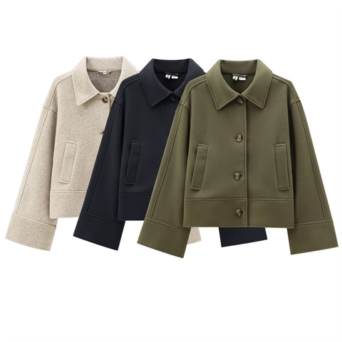 Women Casual Solid Woolen Felt Jacket Lapel Single Breasted Button Loose Short Outerwear British Style Coat Autumn Top
