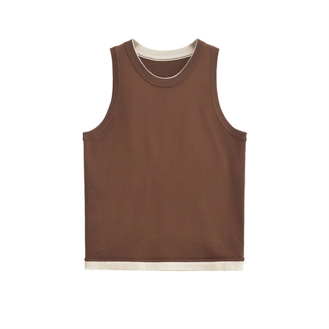 Gilet in Maglia Casual da Donna Colore a Contrasto Senza Maniche Girocollo Patchwork Finto Due Pezzi Maglione Top
