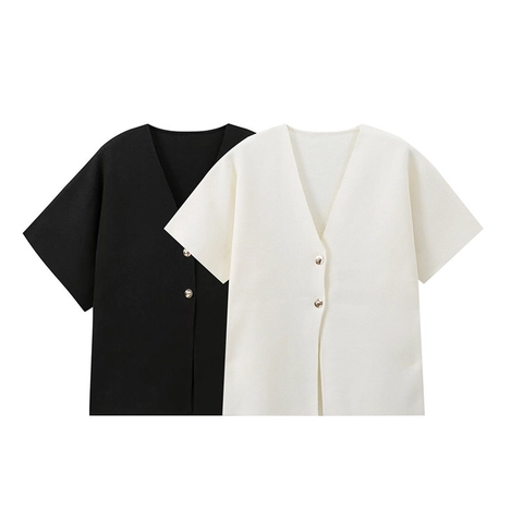 Gilet en Tricot à Col en V pour Femmes Manches Courtes Boutons Devant Couleur Unie Coupe Ajustée Haut d'Été Léger