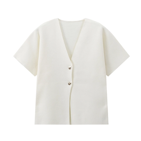 Gilet en Tricot à Col en V pour Femmes Manches Courtes Boutons Devant Couleur Unie Coupe Ajustée Haut d'Été Léger