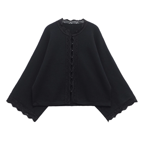 Damen Casual Lockere Strickjacke Elegant Spitzenbesatz Langarm Knopfleiste Pullover Vintage Einfarbig Schwarz Jacke Top