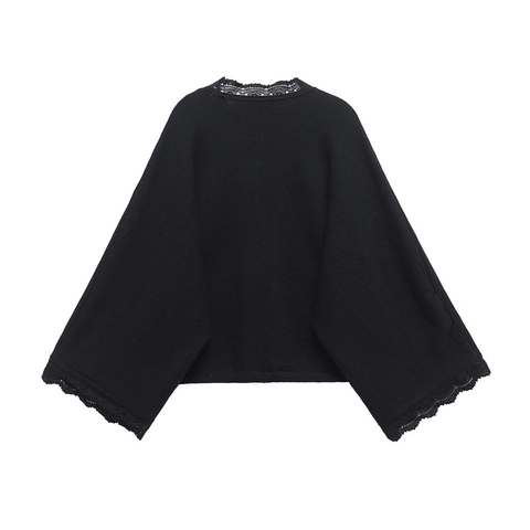 Damen Casual Lockere Strickjacke Elegant Spitzenbesatz Langarm Knopfleiste Pullover Vintage Einfarbig Schwarz Jacke Top