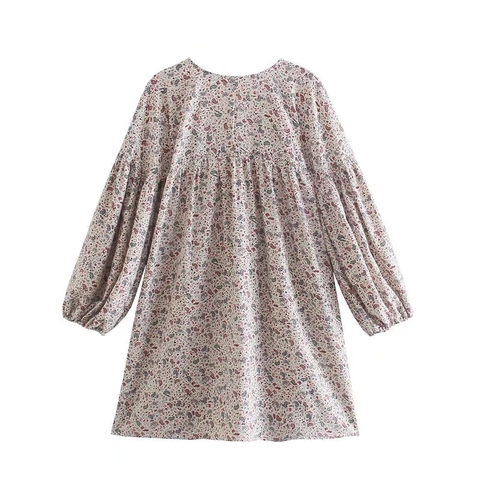 Abito Corto Donna Vintage Stampa Paisley Floreale Scollo a V Maniche a Sbuffo Bohemio Ampio Vita Alta Poliestere Casual Linea a A