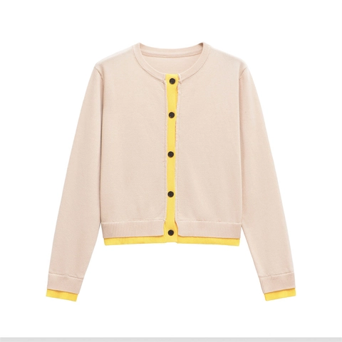 Cardigan en Maille de Coton Mercerisé Contraste Femmes Col Rond Boutonné Manches Longues Pull Décontracté Beige Jaune