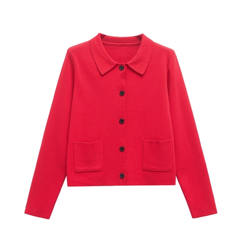 Damen Casual Mercerisierte Baumwolle Strickjacke Langarm Revers Knopfleiste Rot Einfarbig Pullover Top Mit Taschen