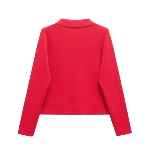 Damen Casual Mercerisierte Baumwolle Strickjacke Langarm Revers Knopfleiste Rot Einfarbig Pullover Top Mit Taschen