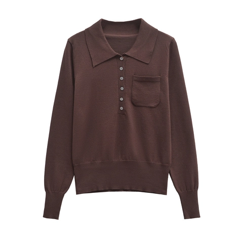 Damen Casual Strick Polohemd Langarm Halbe Knopfleiste Seidige Baumwollmischung Einfarbig Pullover Top Mit Tasche