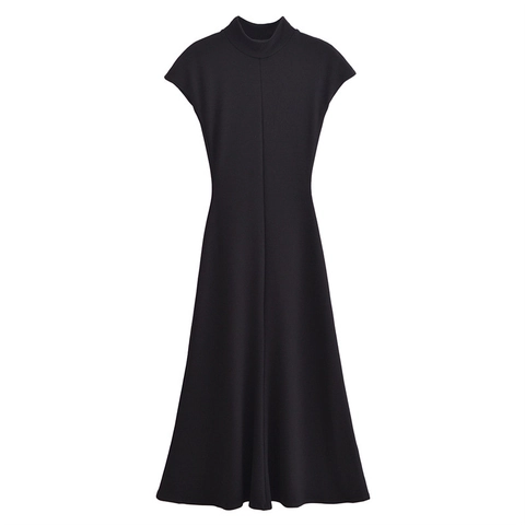 Women Mock Neck Sleeveless Cap Sleeve A-Line Maxi Dress Polyester Solid Color Vertical Seam High Waist Slim Fit Long Dress