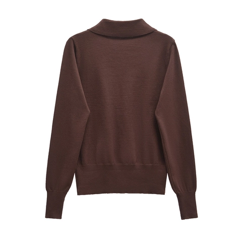Damen Casual Strick Polohemd Langarm Halbe Knopfleiste Seidige Baumwollmischung Einfarbig Pullover Top Mit Tasche
