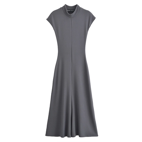 Women Mock Neck Sleeveless Cap Sleeve A-Line Maxi Dress Polyester Solid Color Vertical Seam High Waist Slim Fit Long Dress