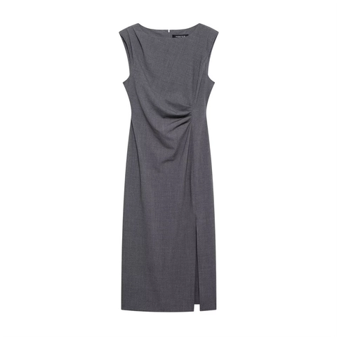 Damen Eleganz Ärmelloses Midi Kleid Rundhals Taille Plissee Hoher Schlitz Pendeln Büro Einfarbig Polyester Slim Fit Kleid