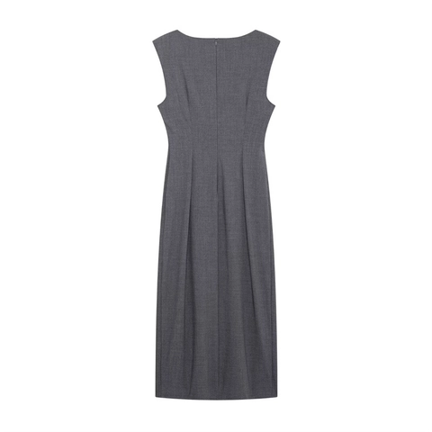 Damen Eleganz Ärmelloses Midi Kleid Rundhals Taille Plissee Hoher Schlitz Pendeln Büro Einfarbig Polyester Slim Fit Kleid