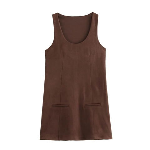 Vintage U Neck Suede Texture Sleeveless Mini Dress Solid Color A Line Caramel Brown Commuter Dress For Women Fashion