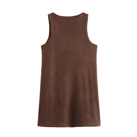 Vintage U Neck Suede Texture Sleeveless Mini Dress Solid Color A Line Caramel Brown Commuter Dress For Women Fashion