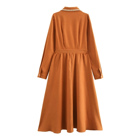 French Style Blazer Collar Long Sleeve Maxi Dress Women Elegant Lace Trim Waist Slimming Solid Color A-Line Dress