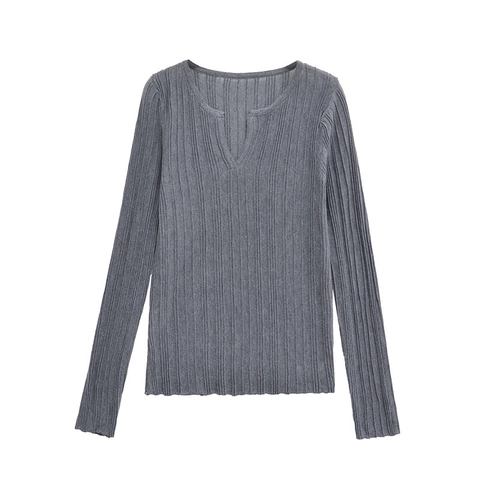 Damen Slim Fit Rippenstrick T-Shirt Kerbausschnitt Langarm Merzerisierte Baumwolle Top Minimalistisch Lässig Basic Dunkelgrau Tee
