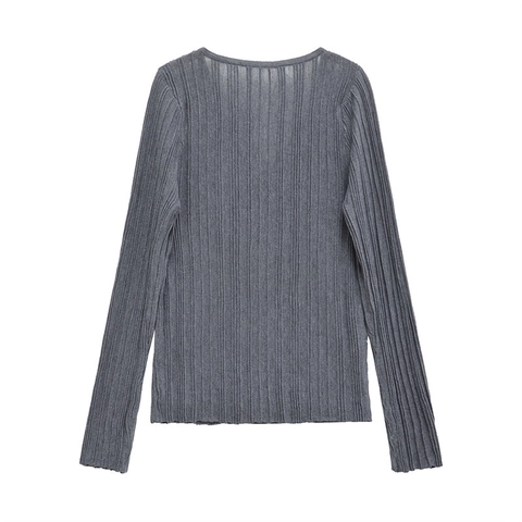 Damen Slim Fit Rippenstrick T-Shirt Kerbausschnitt Langarm Merzerisierte Baumwolle Top Minimalistisch Lässig Basic Dunkelgrau Tee