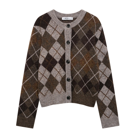 Cárdigan de Punto Argyle Vintage para Mujer Cuello Redondo Manga Larga Suéter a Cuadros Casual Color Block Top