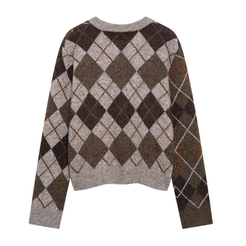 Cárdigan de Punto Argyle Vintage para Mujer Cuello Redondo Manga Larga Suéter a Cuadros Casual Color Block Top