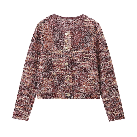 Cárdigan de Punto Tweed Vintage para Mujer Elegante Cuello Redondo Botón Dorado Manga Larga Color Mixto Chaqueta de Suéter Texturizada
