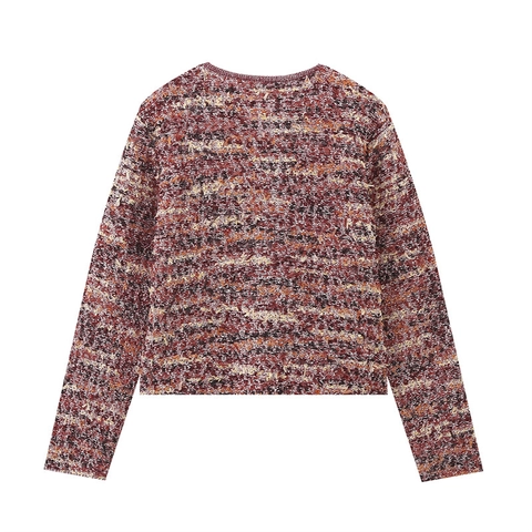 Cárdigan de Punto Tweed Vintage para Mujer Elegante Cuello Redondo Botón Dorado Manga Larga Color Mixto Chaqueta de Suéter Texturizada