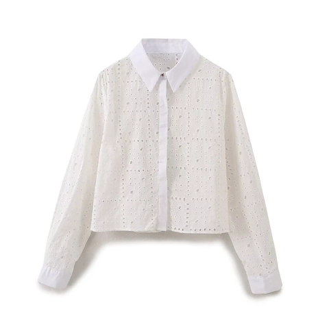 Damen Casual Weiß Lochstickerei Langarm Hemd Elegant Französisch Stil Baumwollmischung Umlegekragen Knopf Bluse Top