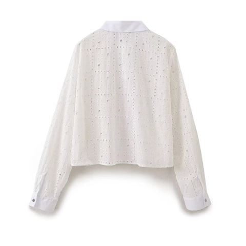 Damen Casual Weiß Lochstickerei Langarm Hemd Elegant Französisch Stil Baumwollmischung Umlegekragen Knopf Bluse Top
