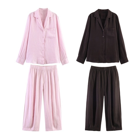 Women Casual Loose Long Sleeve Button Down Shirt And Wide Leg Pants Solid Color Woven Polyester Commuter Top Bottom Set