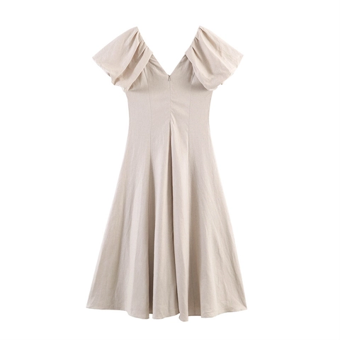Elegant Linen V Neck Puff Sleeve Midi Dress For Women Solid Color Casual Vacation A Line Smocked Waist Spring Summer Dress