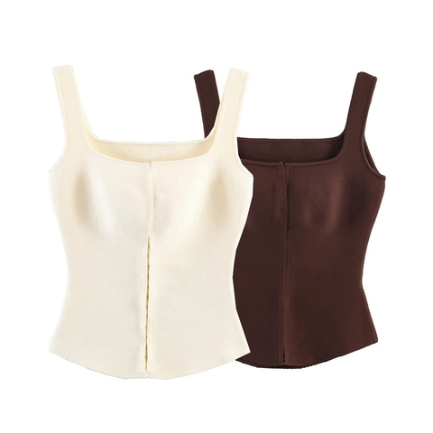 Dames Mode Vierkante Hals Geribbelde Gebreide Corset Top Haak en Oog Sluiting Mouwloos Slim Fit Effen Kleur Casual Tanktop