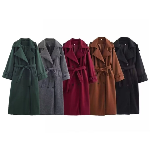 Damen Britischer Stil Zweireihiger Langer Wollmantel Mit Taillengürtel Einfarbig Warmer Eleganter Übermantel Jacke Outwear