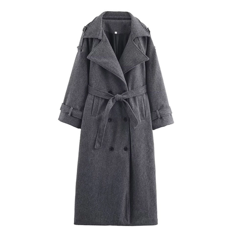 Damen Britischer Stil Zweireihiger Langer Wollmantel Mit Taillengürtel Einfarbig Warmer Eleganter Übermantel Jacke Outwear