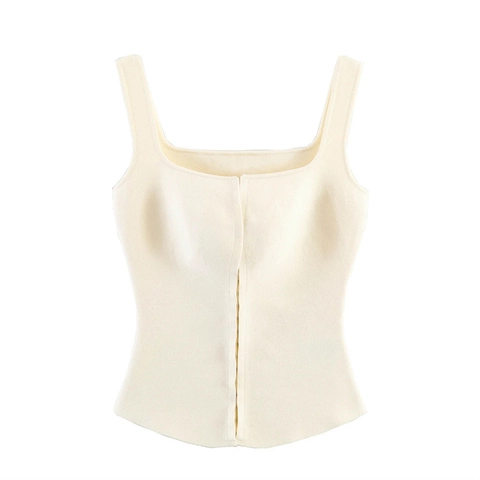 Dames Mode Vierkante Hals Geribbelde Gebreide Corset Top Haak en Oog Sluiting Mouwloos Slim Fit Effen Kleur Casual Tanktop