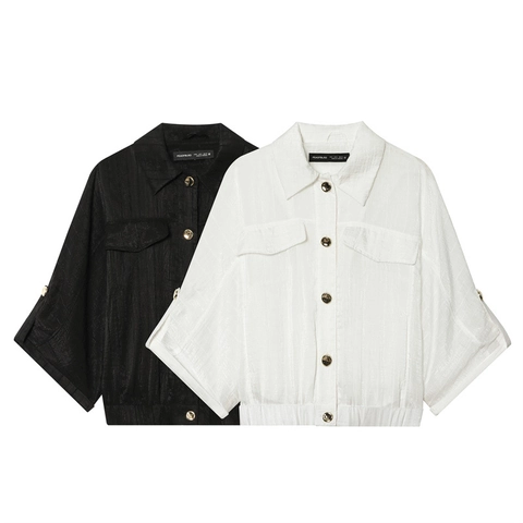 Women Casual Safari Style Blouse Vertical Texture Gold Buttons Loose Fit Lapel Roll Up Sleeve Shirt Jacket Top