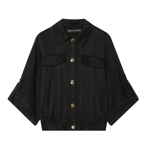 Women Casual Safari Style Blouse Vertical Texture Gold Buttons Loose Fit Lapel Roll Up Sleeve Shirt Jacket Top
