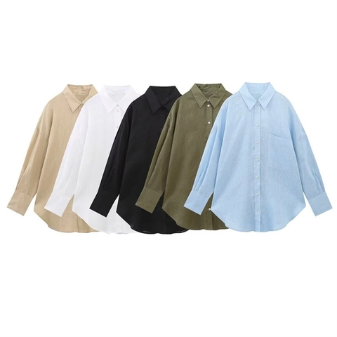 Camicia da Donna Casual Effetto Lino a Maniche Lunghe Blusa Oversize con Tasca Tinta Unita Camicia a Bottoni con Revers
