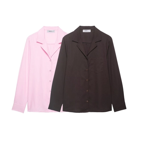 Women Casual Loose Long Sleeve Button Down Shirt And Wide Leg Pants Solid Color Woven Polyester Commuter Top Bottom Set