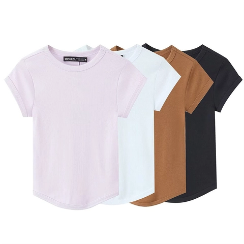Dames Casual Geribd T-shirt Slim Fit Ronde Hals Korte Mouw Gebogen Zoom Effen Kleur Minimalistische Zomer Gebreide Top
