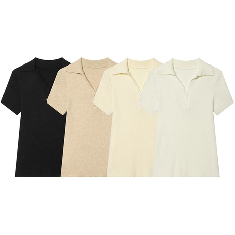 Damen Kurzarm Rippenstrick Polo Shirt V-Ausschnitt Knopfleiste Sommer Casual Leichtes Pullover Slim Fit Einfarbiges Top