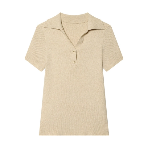 Damen Kurzarm Rippenstrick Polo Shirt V-Ausschnitt Knopfleiste Sommer Casual Leichtes Pullover Slim Fit Einfarbiges Top
